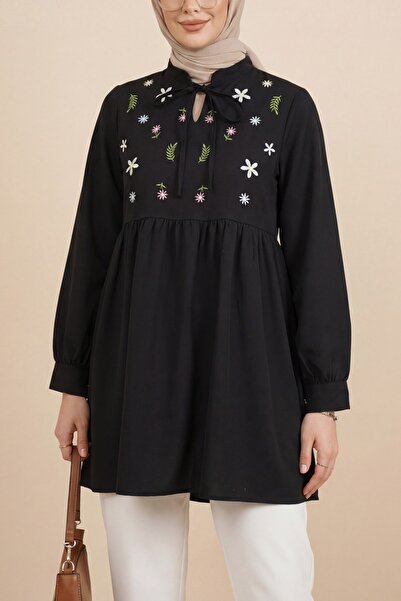 Modamorfo V-Neck Tie-Detail Tunic with Ruffled Collar and Floral Embroidery P...