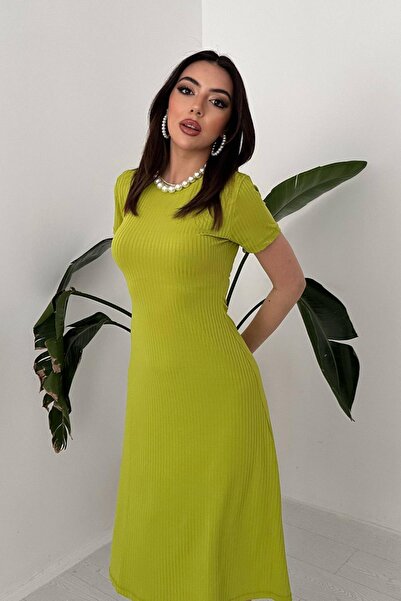 Caddebostan Moda Crew Neck Short Sleeve Corded Fabric Midi Length Ribbed Knit...