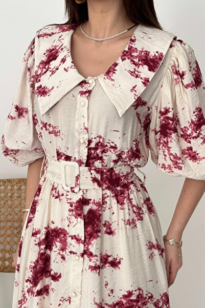 Caddebostan Moda Patterned Belt Li Peter Pan collar Balloon Sleeve Buttoned M...