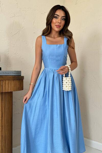 Caddebostan Moda Women's Thick Strap Square Neck Linen Midi Length Flared Dress