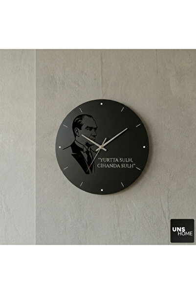 Ahşap Atatürk Silüetli Minimalist Duvar Saati (35x35 cm) - "Yurtta Sulh, Cihanda Sulh" Yazılı