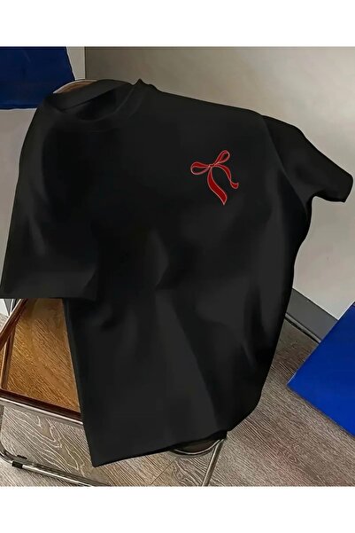 FUFLUNS Μπλουζάκι με στάμπα κόκκινης κορδέλας, oversized, με λαιμόκοψη ποδηλάτου