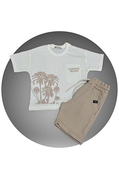 sinmm Boy's Linen Shorts and Top T-Shirt with Tropical Print Detail Top and B...
