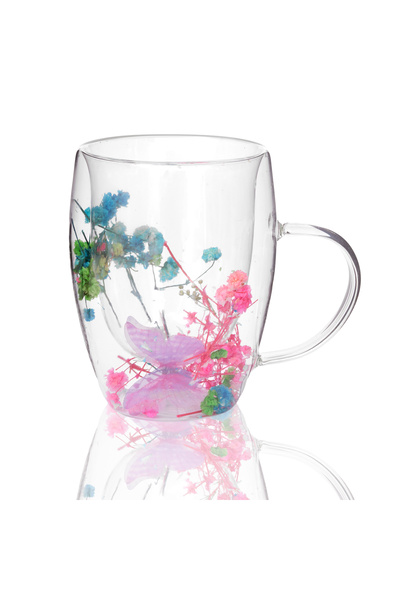 Malooki Double Walled Glass Mug "Butterfly" with Dried Flowers and Decorative...