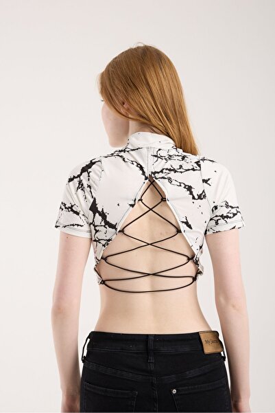 Modazeyosh Back Rubber Detail Digital Print Cropped