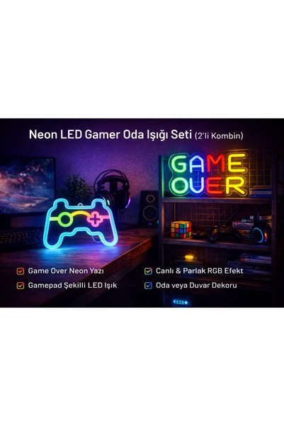 İKONİXPET Neon Led Gamer Room Light Set – Game over + Game Console Wall Lamp ...