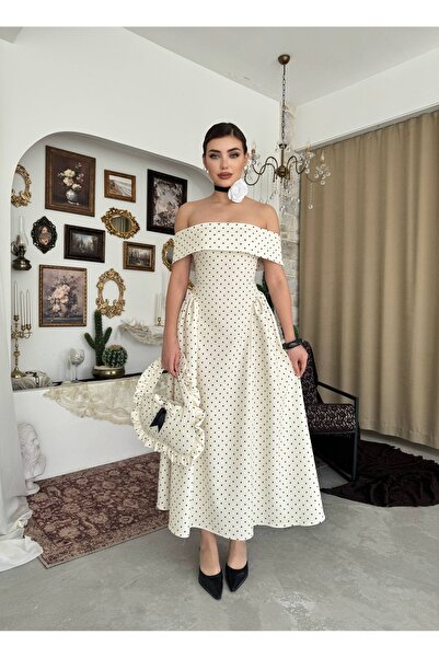 ETİKAFASHION Rochie midi evazată, fără bretele, cu imprimeu cu buline
