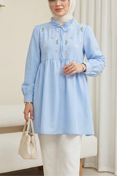 Modamorfo V-Neck Tie-Detail Tunic with Ruffled Collar and Floral Embroidery -...