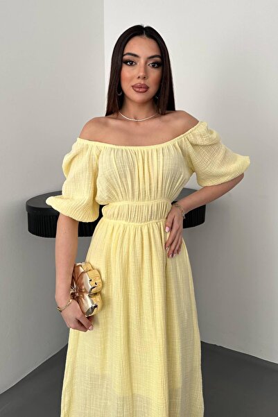 Caddebostan Moda Yakası Ruched Muslin Linen Dress Square Neck Maxi Length Sum...