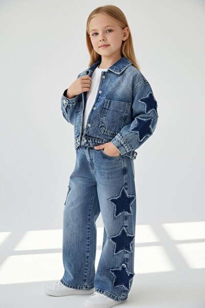 CHİCKİDSWEAR Girl's Yidiz Patterned Denim Jacket and Pants Set