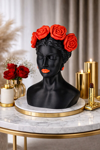 Mescolare Modern Frida Siyah Kadın Büst Dekoratif Biblo | Kırmızı Çiçek Detay...