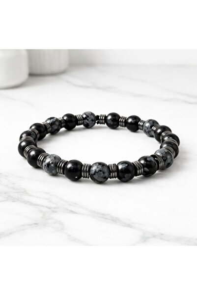 Agatella Tasarım Snowflake Obsidian Hematite Men's Natural Stone Bracelet Bla...