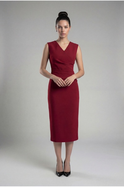 PEARL Bordo Kruvaze Yaka Kolsuz Midi Elbise – Düz Kesim Şık Zarif Model