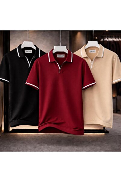 threeoff Men's 3-Piece Polo Collar T-Shirt Set Oversized V-Neck Piped Basic M...