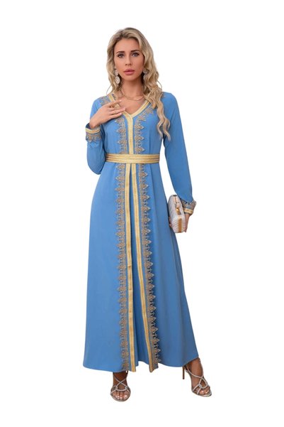 Bidani Serene Sky Blue Kaftan with Golden Lattice Detail