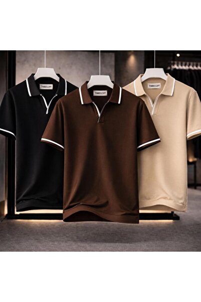 threeoff Men's 3-Piece Polo Collar T-Shirt Set Oversized V-Neck Piped Basic M...