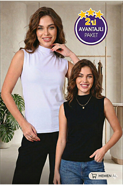 Miamor KADIN SIFIR KOL BALIKÇI YAKA BADİ T-SHIRT 2'Lİ EKONOMİK PAKET