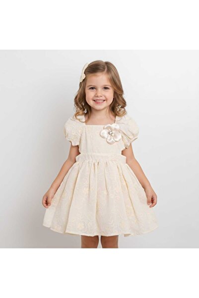 Cumino Girl's Collar Flower Detailed Lined Dress
