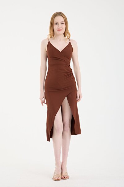 Modazeyosh Women's Strappy Double-Breasted Ruffle Detail Dress