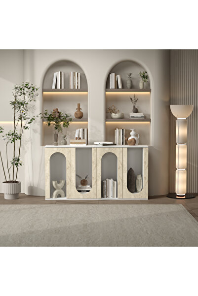 klubeconcept Kemerli Modern Konsol Ünitesi %100 MDF Dekoratif Raflı ve Kapakl...