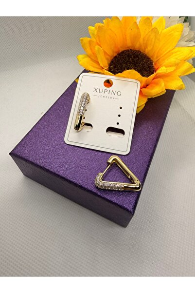 XUPING JEWELRY KUYUMCU SERİ 14K RENGİ ZİRKON TAŞLI ÜÇGEN HALKA ÇELİK KÜPE