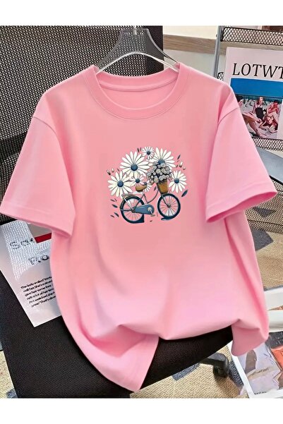 FUFLUNS Flowered Bicycle Printed Oversized Crew Neck T-Shirt