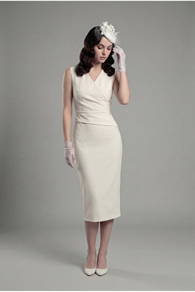 PEARL Kırık Beyaz Kruvaze Yaka Midi Elbise – Düz Kesim Zarif Söz,Nikah & Nişa...