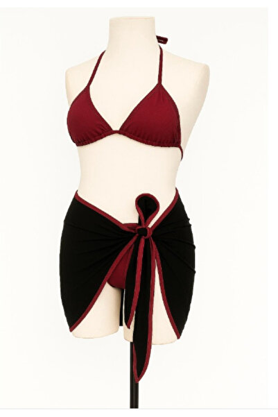 Vielove Kadın Bordo Pareolu 3’lü Bikini Takımı – Boyundan Bağlamalı Üçlü Plaj...
