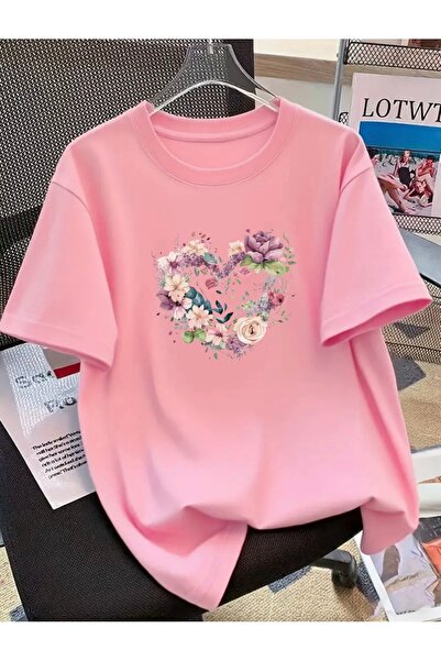 FUFLUNS Flowering Heart Printed Unisex Women'S/Men's Oversize Crewneck T-Shirt