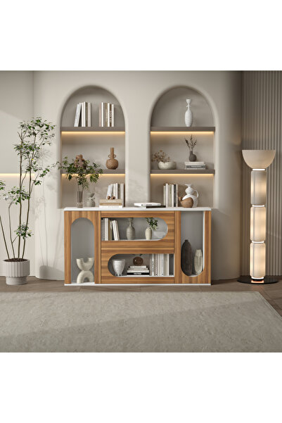klubeconcept NOREL Kemerli Modern Konsol %100 MDF Dekoratif Raflı ve Kapaklı ...