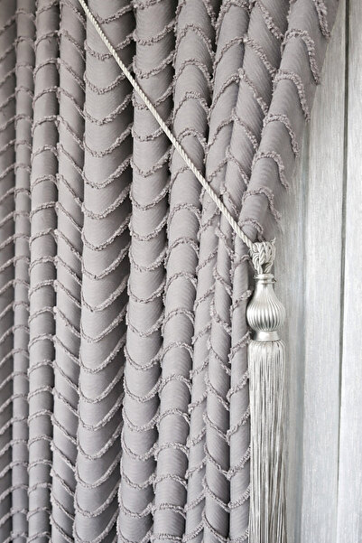 Emuz Keten Dalga Desenli Füme Renk Pano Fon Perde Ağır Gramajlı Sık Pileli Pr...