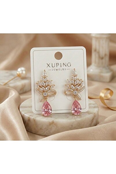 - Xuping VIP Zirkon Pembe Taş Gold Paslanmaz, Kararmaz Silikon ve Kelebek Klips Küpe 3.5cm