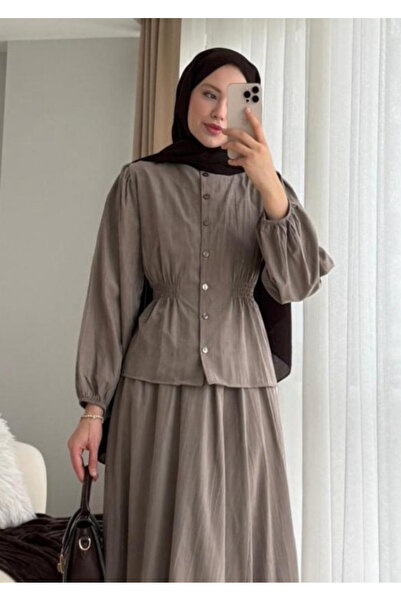 Miraydın Butik طقم تنورة وقميص بخصر مطاطي M25148 - مينك