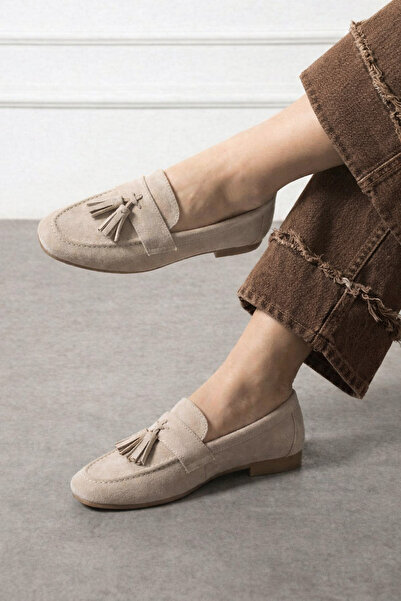 STOCON Savona Beige Σουέτ με λεπτομέρεια φούντας μοκασίνια Μπαλαρίνα Casual Π...