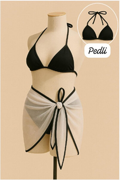 Vielove Kadın Siyah Pareolu 3’lü Bikini Takımı – Boyundan Bağlamalı Üçlü Plaj...