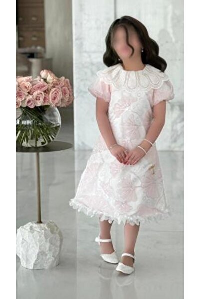 zelia Girls' White and Pink Dress with Lace Details and Luxurious Collar