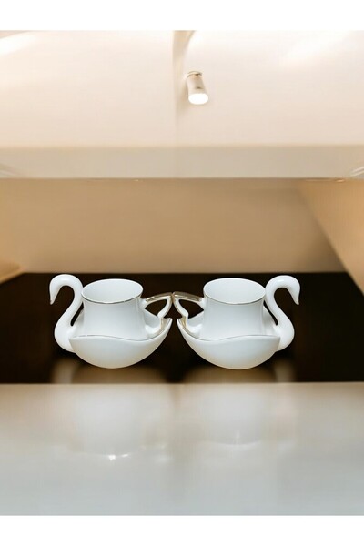 moontime alaçatı Şık Kuğu Tasarımlı Porselen Türk Kahvesi Fincanı ve Tabak Se...