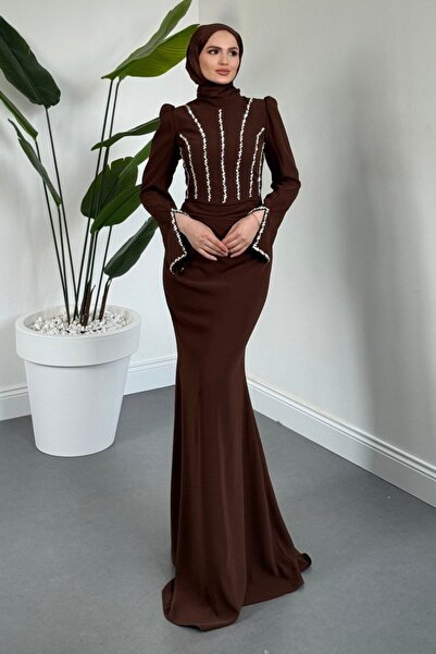 MERVEN AKYÜZ Shabira Taşlı Krep Balık Abiye Kahverengi