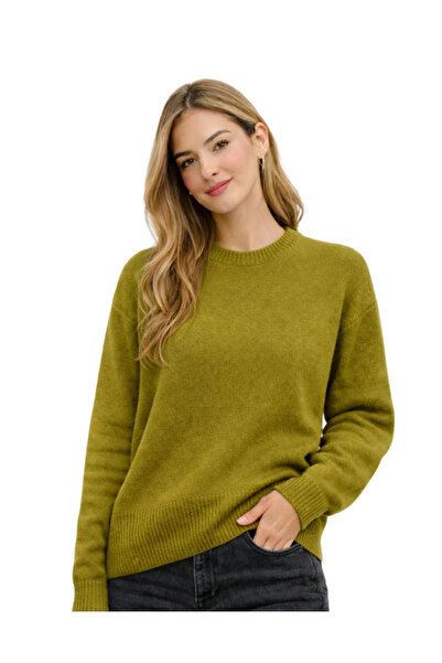 ModaAzen Oil Green Crew Neck Oversize Women's Knitwear Sweater