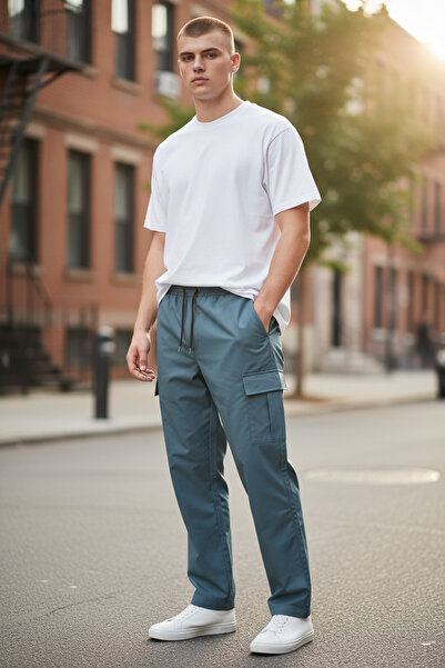 SEWANO Petrol Green Woven Cargo Pants - Straight Leg - Elasticated Belt