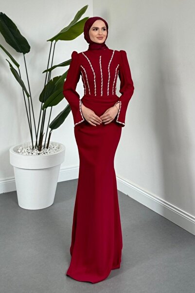 MERVEN AKYÜZ Shabira Taşlı Krep Balık Abiye Bordo