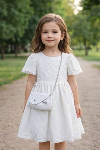 Tarz Çocuk فستان بناتي تطريز مثقوب بأكمام قصيرة وتفاصيل حقيبة قطعة