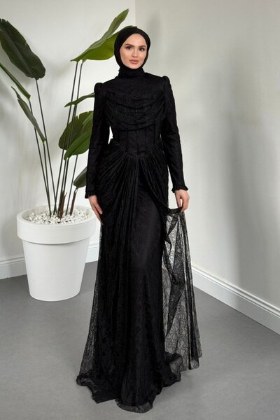 MERVEN AKYÜZ Juliet Noir Korse Detay Dantel Abiye Siyah
