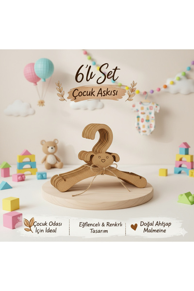 GenelTedarik Dekoratif 6’lı Çocuk Askısı – Doğal Ahşap MDF Bebek Elbise Askıs...