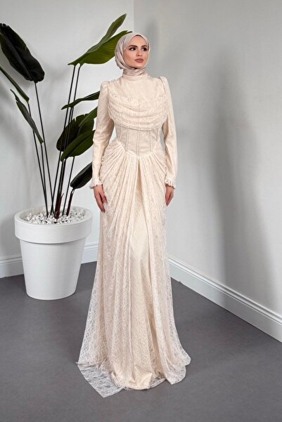 MERVEN AKYÜZ Juliet Noir Korse Detay Dantel Abiye Somon