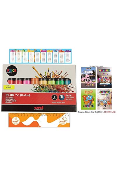 POSCA Uni Pc-8K Water Based Marker 8.0mm 7+1 Fluorescent Colors + 4-Piece Col...