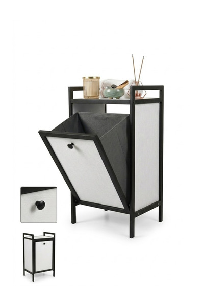 Milonsa Kapaklı Çamaşır Sepeti | Raflı Banyo Düzenleyici | Ahşap Metal Banyo ...