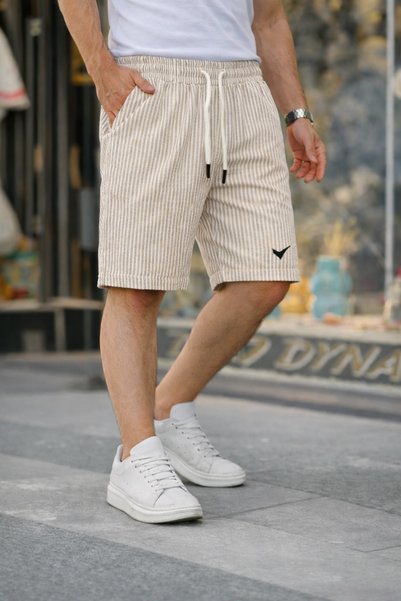 comstar Men's Trend Premium Embroidered Striped Cream Shorts