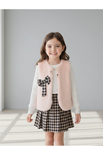 MeaShop Girl's Bow Detail Fur Vest Set Plaid 3-Piece Set with Shorts and Skirt