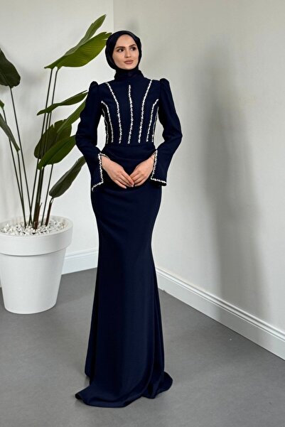 MERVEN AKYÜZ Shabira Taşlı Krep Balık Abiye Lacivert